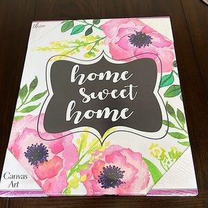Home sweet home canvas art with pink flowers and green leaves